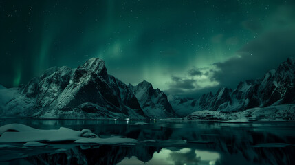 Aurora borealis on the Lofoten islands, Norway. Green northern lights above mountains. Night sky with polar lights. Night winter landscape with aurora and reflection on the water surface. Natural back - obrazy, fototapety, plakaty