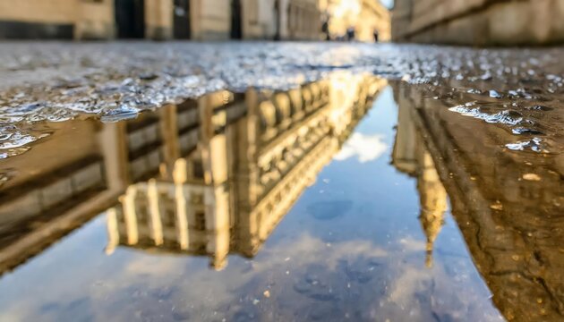 Generated image of reflection of building in a puddle