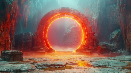 In a mountain cave, a stone arch with magical symbols holds a rainbow glow. A mysterious gate leads to an alien world. Fantasy scene. - obrazy, fototapety, plakaty