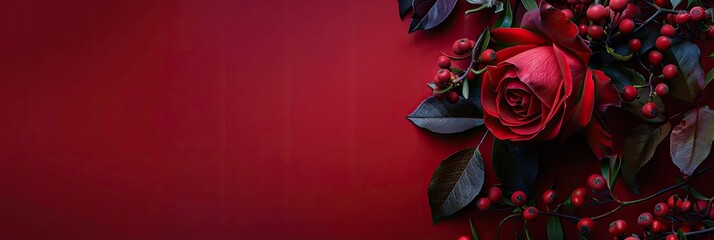 Valentine's Day background with red roses, berries and leaves