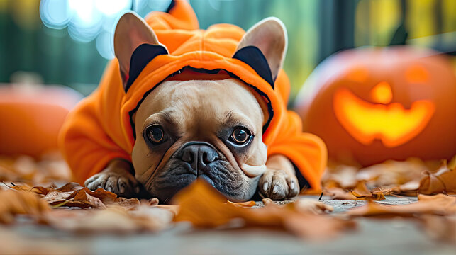 cute french bulldog looking at viewer while dressed in Halloween costume in a festive fall setting with jack-o-lantern pumpkins 
