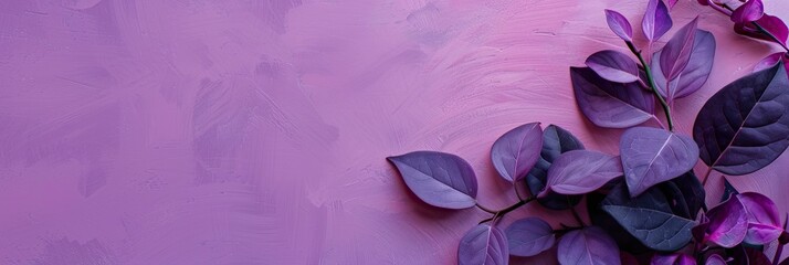 Purple basil leaves on purple background. Top view, flat lay