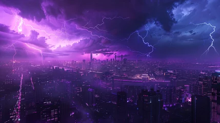 Schilderijen op glas Lightning storm over city in purple light © Natalina