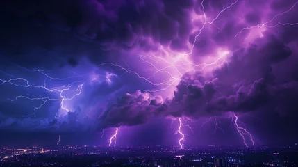 Tuinposter Lightning storm over city in purple light © Natalina