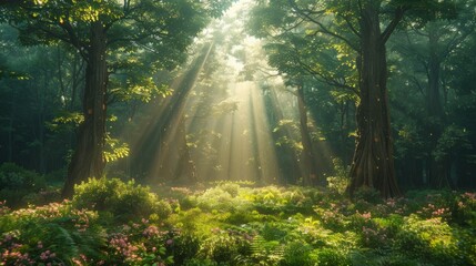 A fairytale forest with magical rays of light piercing the trees. Fantasy forest landscape. Unreal world. 3D render. Raster illustration.