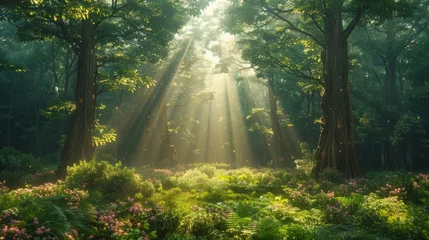 Foto auf Alu-Dibond Feenwald A fairytale forest with magical rays of light piercing the trees. Fantasy forest landscape. Unreal world. 3D render. Raster illustration.