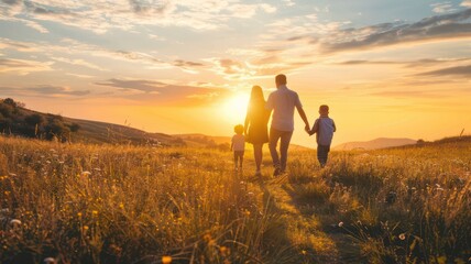A family walking together in a field at sunset created with Generative AI