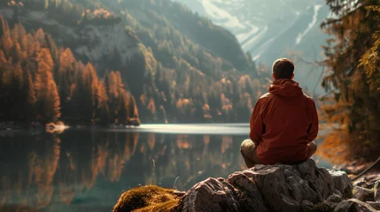 Badezimmer Foto Rückwand Contemplative Man Overlooking Autumn Landscape, Lake and Mountains, Reflection and Tranquility © Matt