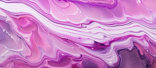 A detailed closeup of a painting featuring a vibrant mix of purple, violet, pink, and white marble...