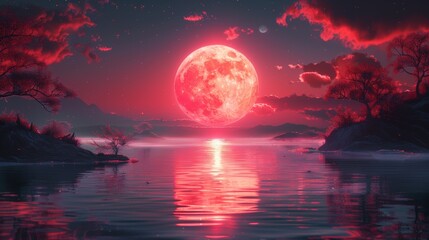 A raster illustration of the moon is designed in the Chinese style. The red moon rises above water and trees.