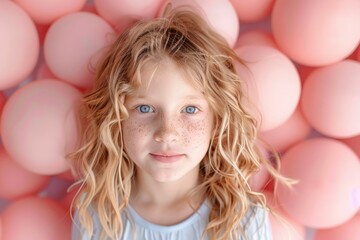 Obraz na płótnie Canvas portrait of a girl with brown hair on a pink background of pastel balloons. Child. Birthday. Childhood. Children's room