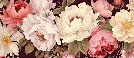 An artistic arrangement of pink and white flowers on a black background, showcasing the beauty of...
