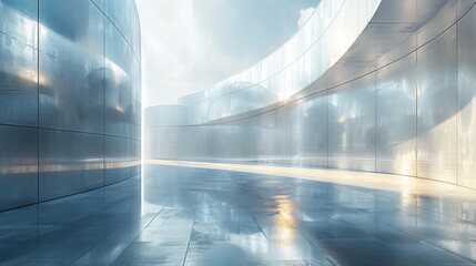 A rendering of an abstract futuristic glass architecture with an empty concrete floor.
