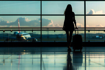 silhouette of a woman passenger with luggage suitcase at the international airport terminal - 759249498