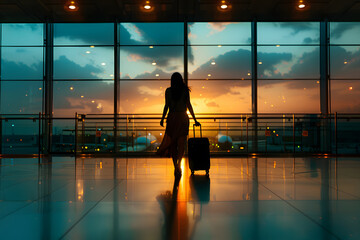 silhouette of a woman passenger with luggage suitcase at the international airport terminal - 759249670