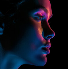 beautiful caucasian woman face, three quarter profile portrait, black background, face is highlighted with pink light from left side and blue light from right side, smooth skin