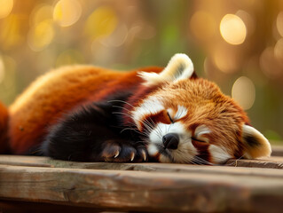 Sleeping Red Panda Ailurus fulgens. Funny cute animal image of a red panda asleep during afternoon siesta.