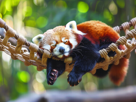 Sleeping Red Panda Ailurus fulgens. Funny cute animal image of a red panda asleep during afternoon siesta.