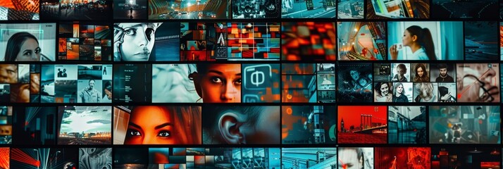 Vibrant multimedia montage: featuring diverse channel images, representing web streaming. - obrazy, fototapety, plakaty