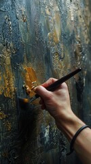 Close-up of a hand painting with a gold acrylic on a textured canvas. Artistic process in a studio setting for creative design