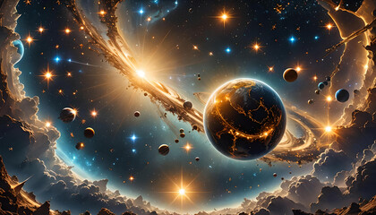 Hintergründe und Vorlagen kosmischer Weite mit Planeten Sonnen Sternen und Galaxien in bunten Farben leuchtend glühend hell wie andere Dimensionen Universum All Astronomie Galaxie Urknall Explosion