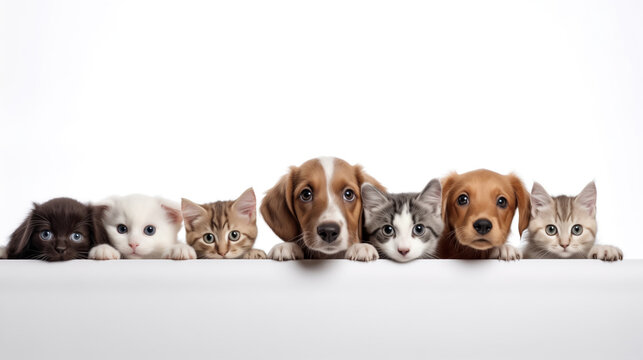 Cute Cats and Dogs Lined Up Against White Background, Diversity of Pets, Adorable Group Portrait