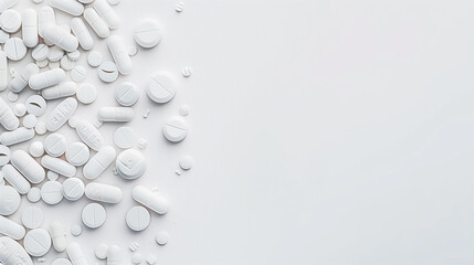 A pile of white pills on top of a table in a pharmacy or production setting