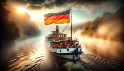 Historische Szene eines Schiffes mit einer Deutschland-Fahne - obrazy, fototapety, plakaty