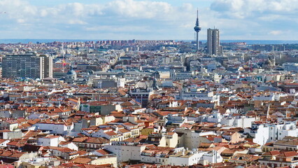 Naklejka premium aerial view of Madrid skyline houses roofs rooftops buildings cityscape