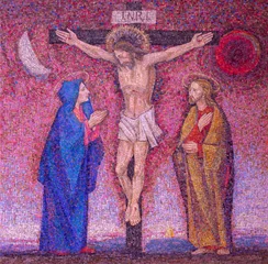 Poster MILAN, ITALY - MARCH 8, 2024: The mosaic of Crucifixion in the church Chiesa di Santi Quattro Evangelisti by Italo Persson and Silvio Consadori from 20. cent. © Renáta Sedmáková