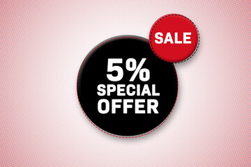 5 percent special offer tag. Advertising for sales, promo, discount, shop. Sticker, button, icon