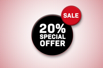 20 percent special offer tag. Advertising for sales, promo, discount, shop. Sticker, button, icon