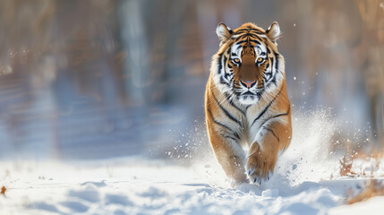 Fototapeta na wymiar Tiger in wild winter nature. Amur tiger running in the snow. Action wildlife scene with danger animal. Cold winter in tajga, Russia -1.jpg, Tiger in wild winter nature. Amur tiger running in the snow.