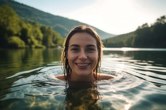 Selfie image of a happy beautiful woman swim in the lake in middle of beautiful natural landscape