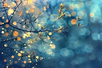 spring blue banner. warm light of bokeh garland. tree branch. Postcard. Illustration