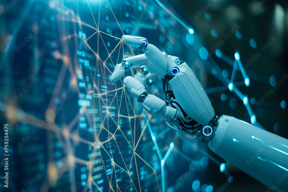 Aufkleber ai, machine learning, hands of robot and human touching on big data network connection background, s