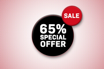 65 percent special offer tag. Advertising for sales, promo, discount, shop. Sticker, button, icon