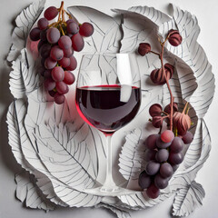 A highly stylized cut paper  glass of red wine - stemware containing cabernet or merlot varietal wine with contextual elements surrounding the glass such as grapes and leaves