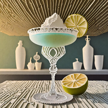 A  delicious and frosty margarita or cocktail with a lime garnish. In the background are stylized bottles, shakers and glassware in a cardboard style.