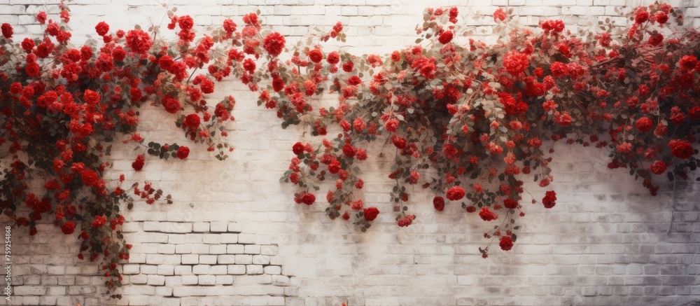 Sticker White brick wall adorned with red flowers.