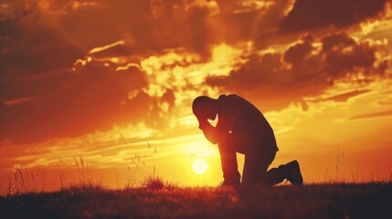 man praying in a sunrise, concept repentance and new life generative ai - obrazy, fototapety, plakaty