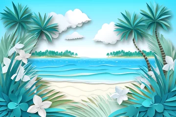 Poster Incredible bright tropical beach landscape with beautiful palm trees,clouds,coastal waves,paper cut style,blue and white tone,tourism concept,travel,beach holidays,spa industry,relaxation © Наталья Лазарева