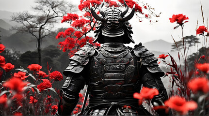 Samurai Warrior in a field, dark colors and red roses. Dragon Samurai Armor. Beautiful Japanese background.