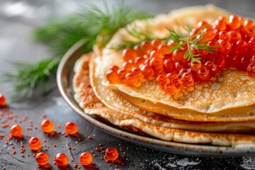 Red Caviar Pancakes, Caviar Crepes Closeup, Gourmet Breakfast, Luxury Blini with Copy Space - obrazy, fototapety, plakaty