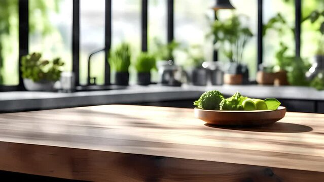 Kitchen background to present products in loop, kitchen background, increase and decrease of lights from a window, wooden table, pots with plants,  modern kitchen design, 4k