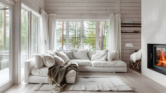 Rustic wooden branch wall decor over bed with white pillos and beige plaid. Farmhouse, country interior design of modern bedroom