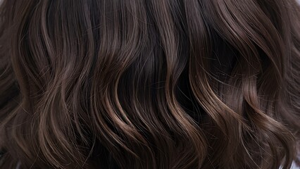 A very close-up photo of a dark brunette's hair. The hair appears to have a soft, wavy texture, with a subtle, reflective shine. The focus is entirely on the hair