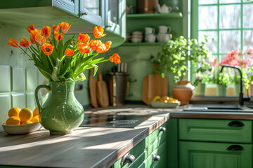 Green kitchen interior with stylish furniture, wooden decor, and flowers in a vase, creating a cozy and welcoming atmosphere.