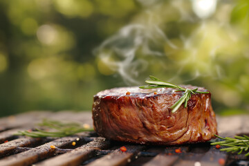 fresh juicy steak grilled outdoors on a spring barbecue, generative AI
