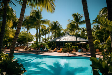 Picturesque Relaxation at DQ Outdoor Pool Under Summer Sun: Tropical Foliage, Cozy Cabanas and Refreshing Azure Pool - obrazy, fototapety, plakaty